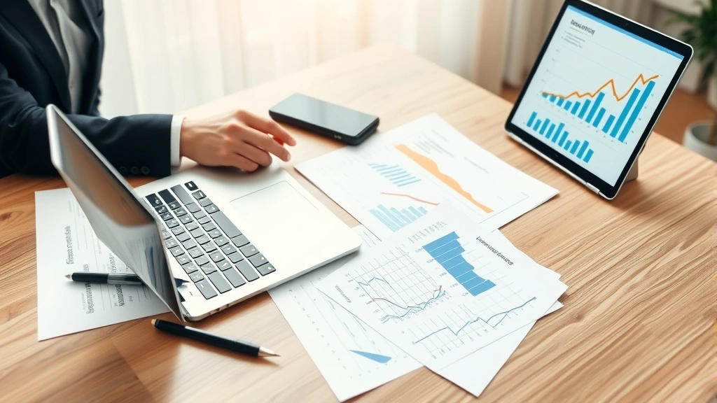 Professional businessman analyzing financial documents and charts on wooden desk with laptop displaying growth graphs, indicating data-driven business analysis and investment decision-making