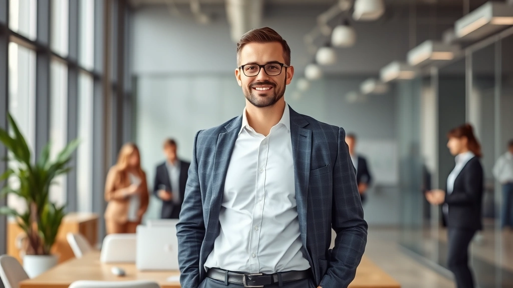 Successful business owner standing in modern office environment with team members collaborating in background, representing profitable business operations and management success