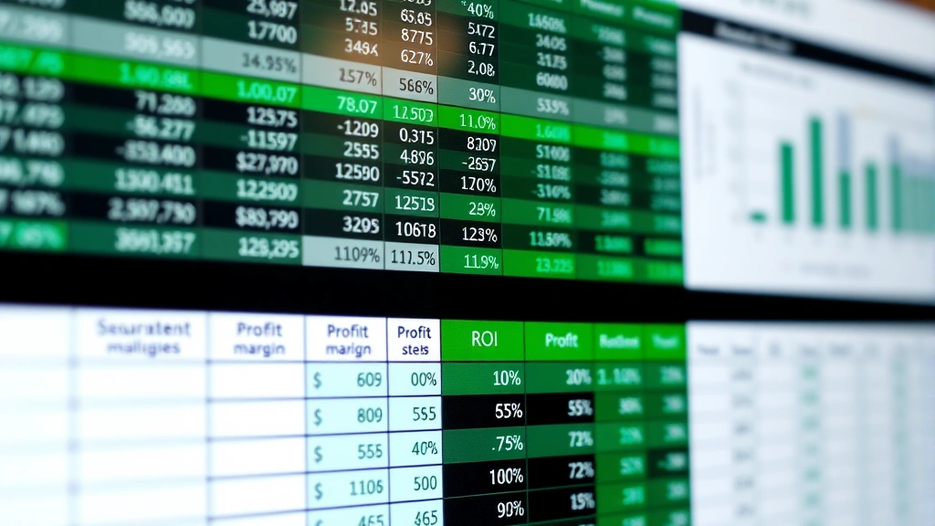 Close-up of financial spreadsheet with profit margins and ROI calculations displayed on computer monitor, showing detailed business metrics and profitability analysis