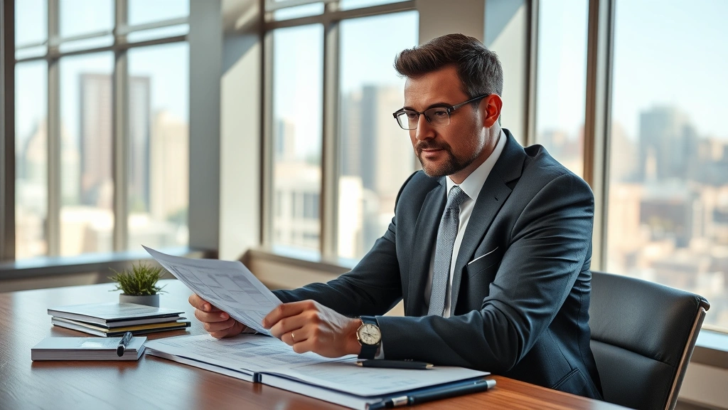 Professional business owner in tailored suit reviewing financial statements and business documents at wooden desk in upscale Illinois office, natural lighting, confident expression, modern workspace with city skyline visible through windows
