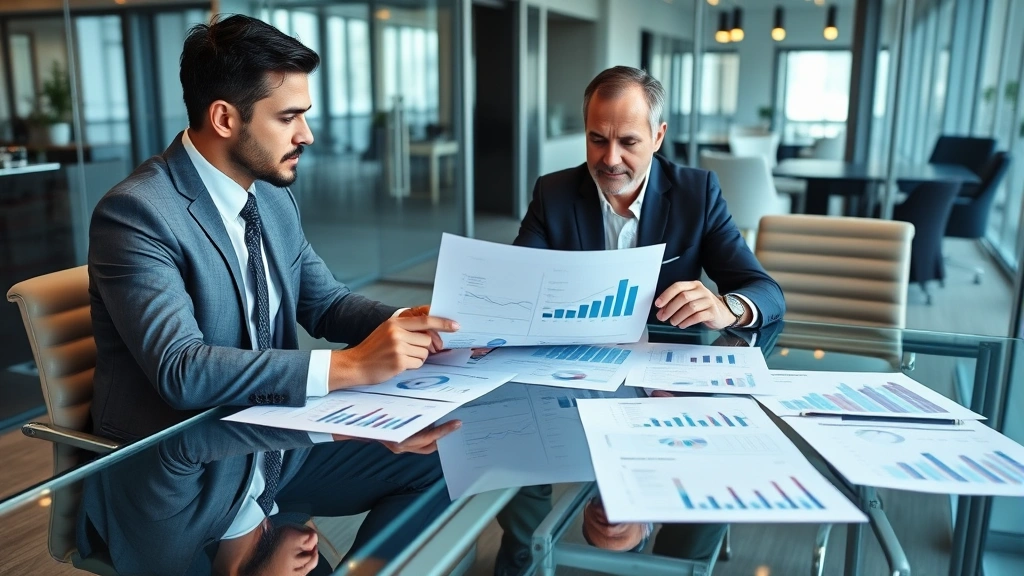 Experienced financial advisor and client reviewing business valuation report with multiple charts and graphs spread across glass conference table, professional attire, collaborative discussion, modern commercial office environment