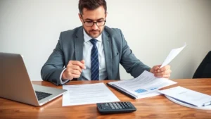 Professional businessman reviewing financial documents and business acquisition contract at wooden desk with laptop and calculator, neutral office background, focused serious expression