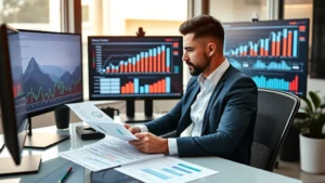 Professional business owner reviewing financial statements and valuation reports at modern office desk with multiple monitors displaying growth charts and market data