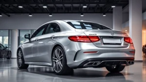 Luxury sedan C43 AMG parked in modern showroom with professional lighting, sleek silver exterior, premium interior visible through windows, contemporary dealership setting