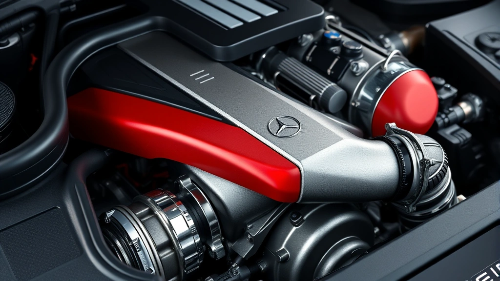 Close-up of AMG turbocharged engine detail showing performance components, chrome accents, precision engineering, professional automotive photography studio lighting