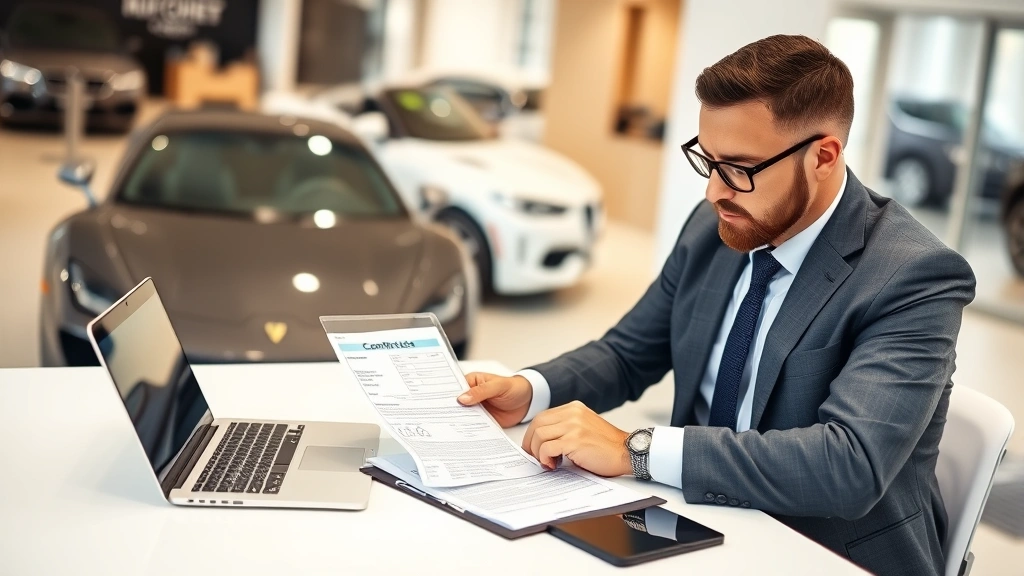 Businessman reviewing vehicle documentation and contract at dealership desk with laptop, tablet showing vehicle specifications, professional office environment with luxury car visible in background