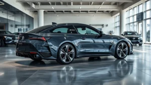 Professional luxury performance sedan parked in modern dealership showroom with polished concrete floors and contemporary lighting, emphasizing sleek design and premium quality