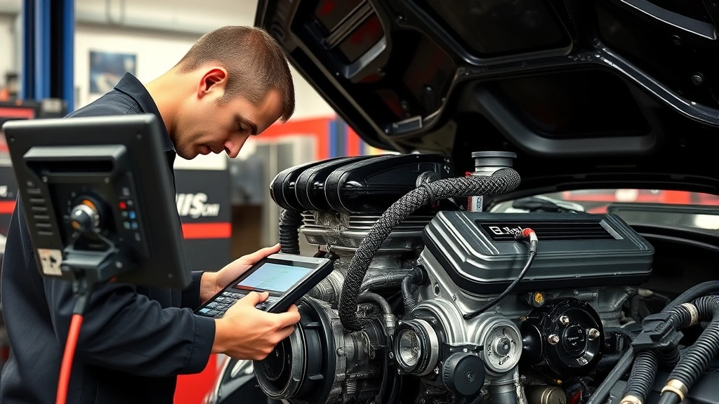 Mechanic performing detailed engine inspection on high-performance supercharged engine with specialized diagnostic equipment and tools in professional service facility