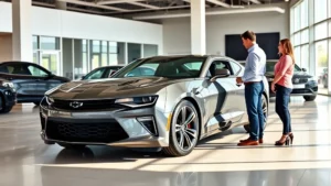 Professional automotive salesperson showing a sleek Chevrolet Camaro to an interested couple in a modern dealership showroom, natural lighting, professional business attire, examining the vehicle together