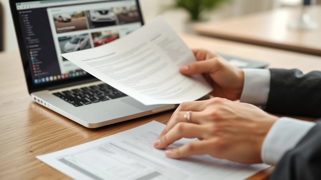 Close-up of hands reviewing vehicle documentation and maintenance records at a wooden desk with a laptop showing automotive listing websites, professional business setting