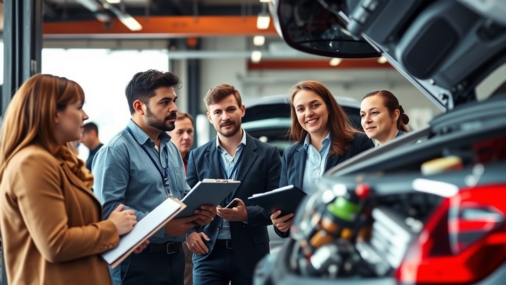 Diverse group of business professionals conducting vehicle inspection in a well-lit service bay, using diagnostic tools and clipboards, focused on examining vehicle condition and performance