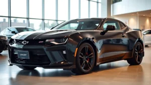 Professional photograph of a black Chevrolet Camaro SS with aggressive stance parked in modern dealership showroom with soft lighting, emphasizing the muscle car's muscular hood lines and distinctive dual stripes, photorealistic automotive photography, no signage or text visible