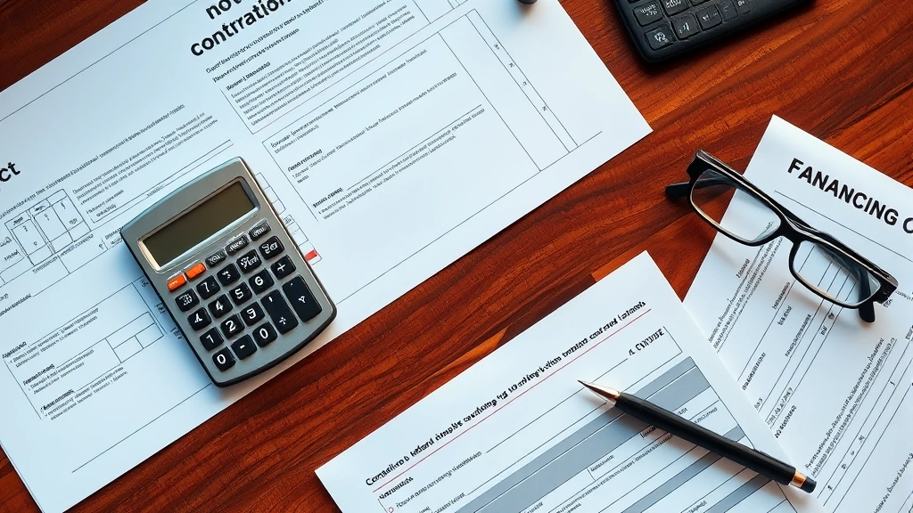 Detailed overhead shot of automotive sales contract, calculator, and financing documents spread across mahogany desk with pen and reading glasses, representing car buying negotiation and financial decision-making process, warm professional lighting, no specific numbers or identifying information visible
