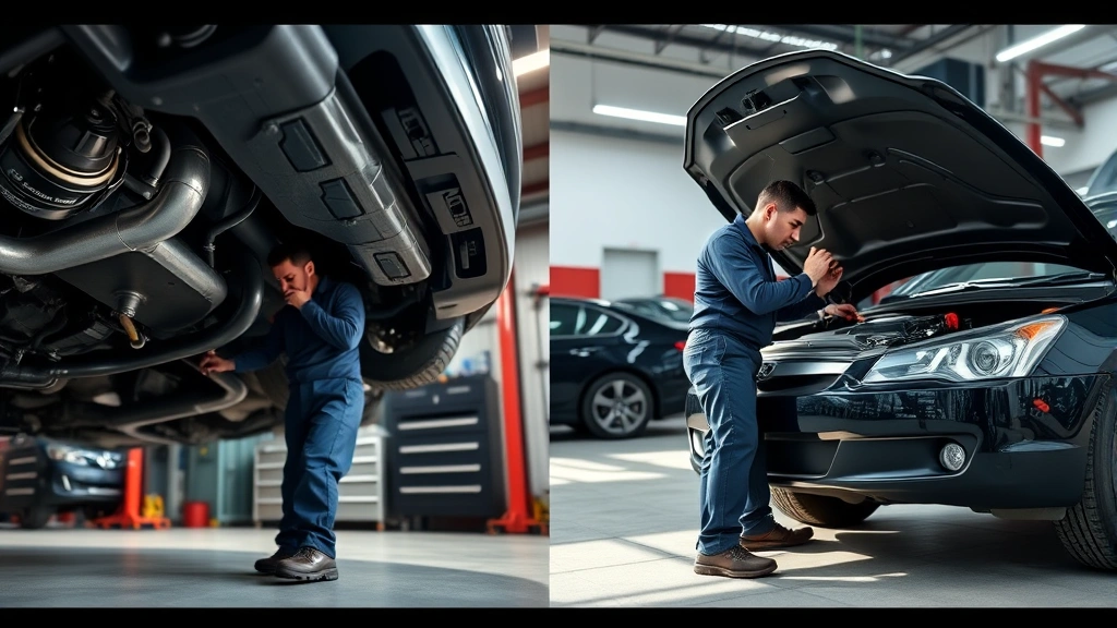 Split-screen comparison showing mechanic performing undercarriage inspection on one side and checking engine bay on other side, demonstrating comprehensive pre-purchase vehicle inspection process, professional automotive service bay setting, natural lighting emphasizing detail work