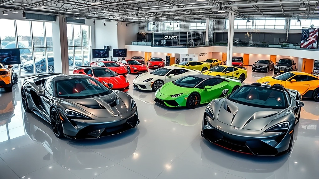 Professional automotive marketplace display showing multiple high-performance sports cars in showroom setting with soft overhead lighting, clean polished floors, and luxury dealership environment