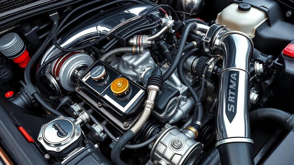 Close-up detail shot of supercharged engine bay components, showing precision engineering, clean mechanical systems, and high-performance motor assembly without any text or signage visible