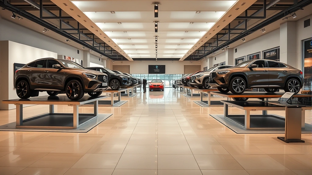 Luxury automotive showroom interior with premium vehicles displayed on elevated platforms, professional lighting, and customer consultation areas demonstrating high-end vehicle sales environment