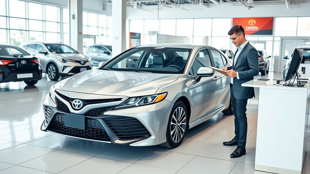 Professional automotive showroom interior with Toyota Camry on display, bright lighting, modern dealership setting with sales consultant reviewing paperwork at desk
