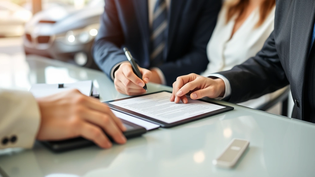 Close-up of customer signing vehicle purchase agreement at dealership desk with digital tablet and paperwork, professional business attire, focused transaction moment