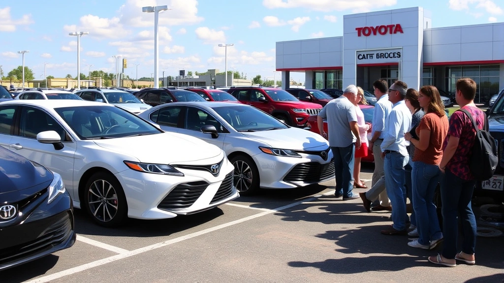 Diverse group of customers browsing multiple Camry vehicles on outdoor dealership lot, sunny day, various trim levels and colors displayed, shoppers examining vehicles