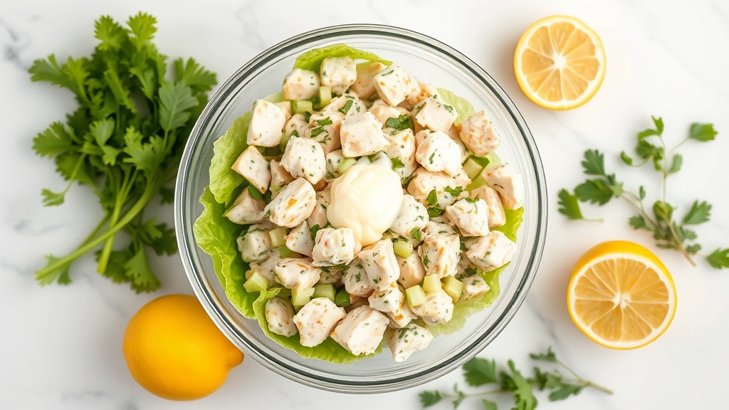 Professional overhead shot of fresh chicken salad in a glass bowl with crisp lettuce, diced celery, and creamy mayonnaise dressing, surrounded by fresh ingredients like lemon and herbs on white marble countertop