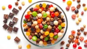 Overhead flat lay of vibrant candy salad in clear glass bowl featuring dark chocolates, colorful gummies, dried fruits, nuts, and candy pieces arranged in organized sections with natural lighting and white background