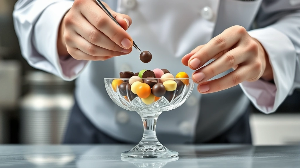 Professional pastry chef hands carefully arranging premium candies and chocolates into elegant glass serving vessel with tweezers, showing detailed composition work in commercial kitchen setting