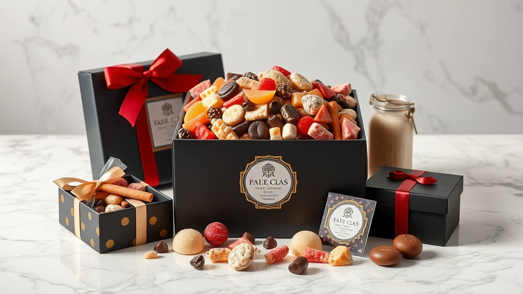 Luxury gift-boxed candy salad with premium packaging, branded label, and elegant presentation displayed on marble surface with soft studio lighting, emphasizing high-end retail positioning and gift market appeal