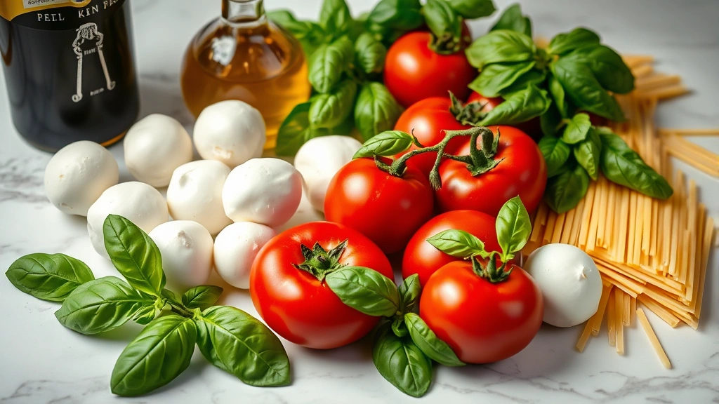 Fresh colorful ingredients for caprese pasta salad laid out on marble countertop: ripe red tomatoes, fresh white mozzarella balls, vibrant green basil leaves, golden olive oil bottle, dried pasta, and balsamic vinegar, professional food photography lighting