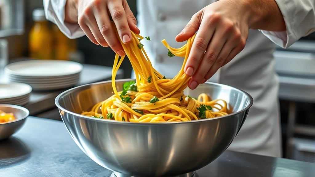 Professional chef's hands tossing warm pasta with vinaigrette in large stainless steel bowl, capturing motion and technique in bright commercial kitchen setting, showing proper mixing methodology