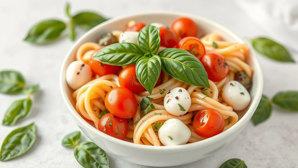 Finished caprese pasta salad served in white ceramic bowl garnished with fresh basil leaf, showcasing perfect balance of ingredients and appetizing presentation, natural soft lighting with scattered basil leaves around bowl