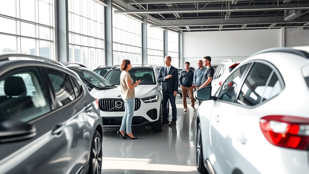 Modern car showroom with multiple automatic vehicles on display, customers examining vehicles with sales representative pointing to features, bright daylight through large windows