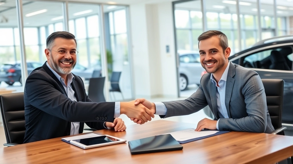 Customer shaking hands with car salesman in dealership office after signing automatic car purchase agreement, both smiling with paperwork and tablet on desk