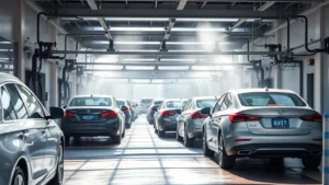 Busy express car wash tunnel with multiple vehicles in line, water spray and mist visible, professional operation with modern equipment and clean facility in bright daylight