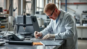 Professional industrial laboratory technician examining cobalt materials and carbon fiber samples on a polished stainless steel workbench with precision testing equipment, natural lighting, commerce-focused