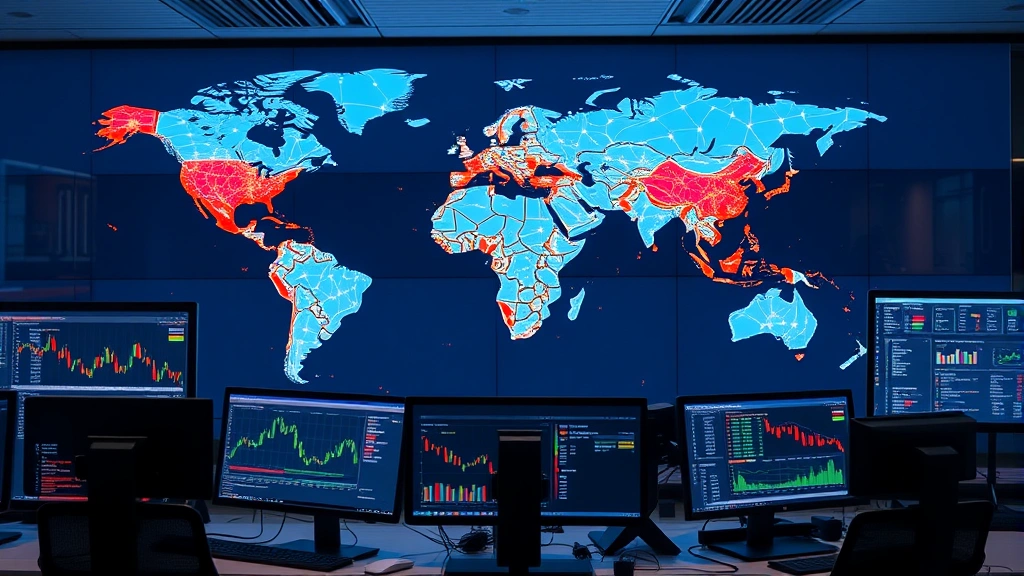 Global supply chain network visualization displayed on multiple computer monitors showing real-time commodity market data and trading platforms in a modern trading office environment