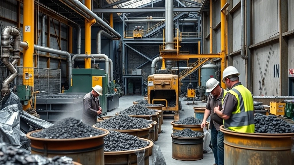 Sustainable mining and recycling facility with workers processing raw materials into refined cobalt and carbon products, demonstrating circular economy practices in industrial setting