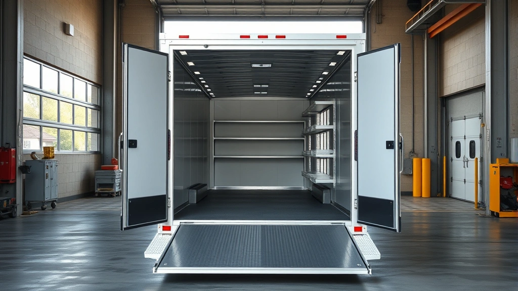Professional enclosed aluminum cargo trailer parked at commercial loading dock with open doors, clean interior shelving visible, bright daylight illuminating merchandise storage space
