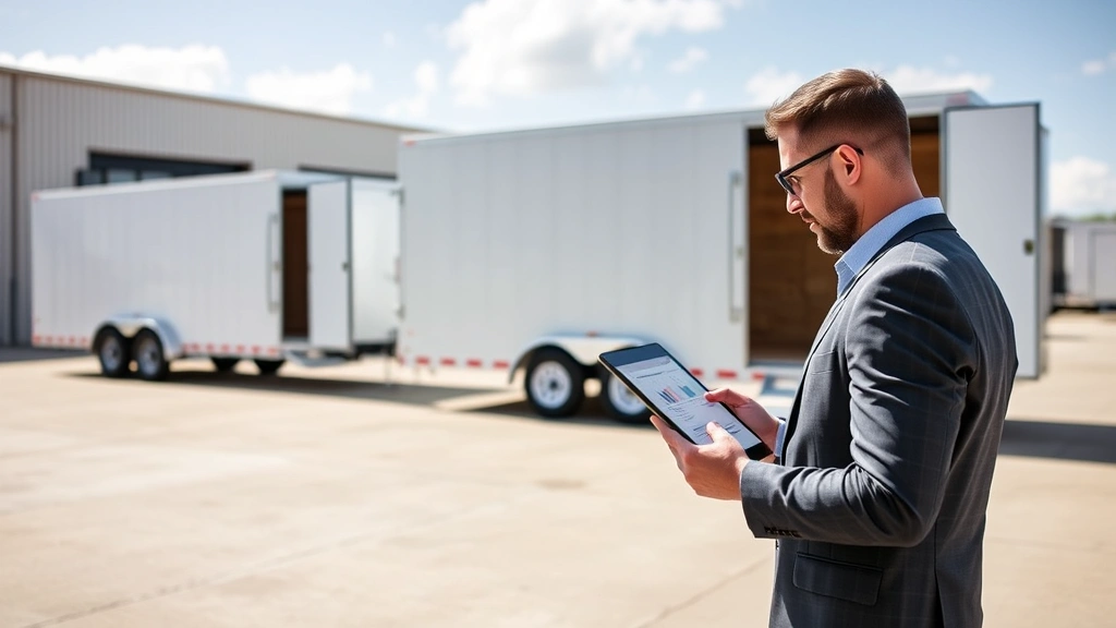 Businessman reviewing cargo trailer specifications on tablet while standing beside tandem-axle enclosed trailer in outdoor commercial lot, professional attire, sunny conditions