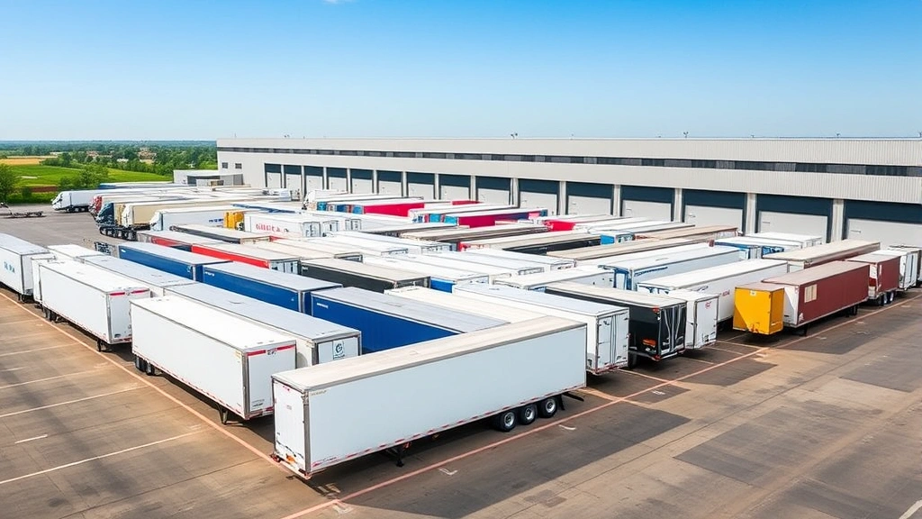 Multiple cargo trailers lined up in organized fleet arrangement at distribution facility, showing variety of sizes and colors, professional business environment with clear sky