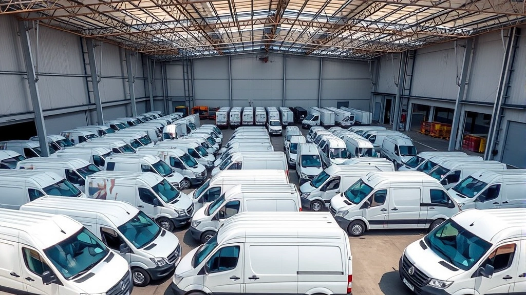 Professional commercial cargo van fleet parked in organized logistics facility, multiple white and silver vans, modern warehouse background, clear daylight, overhead angle showing roof design and dimensions