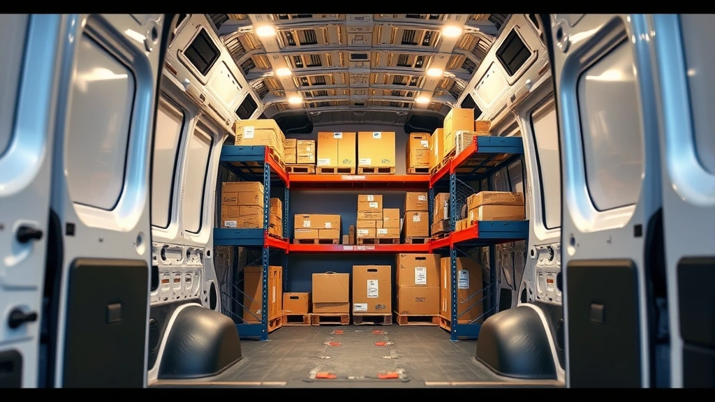 Interior view of cargo van showing organized shelving system with packages and delivery items neatly arranged, professional logistics storage setup, bright interior lighting, showing space efficiency