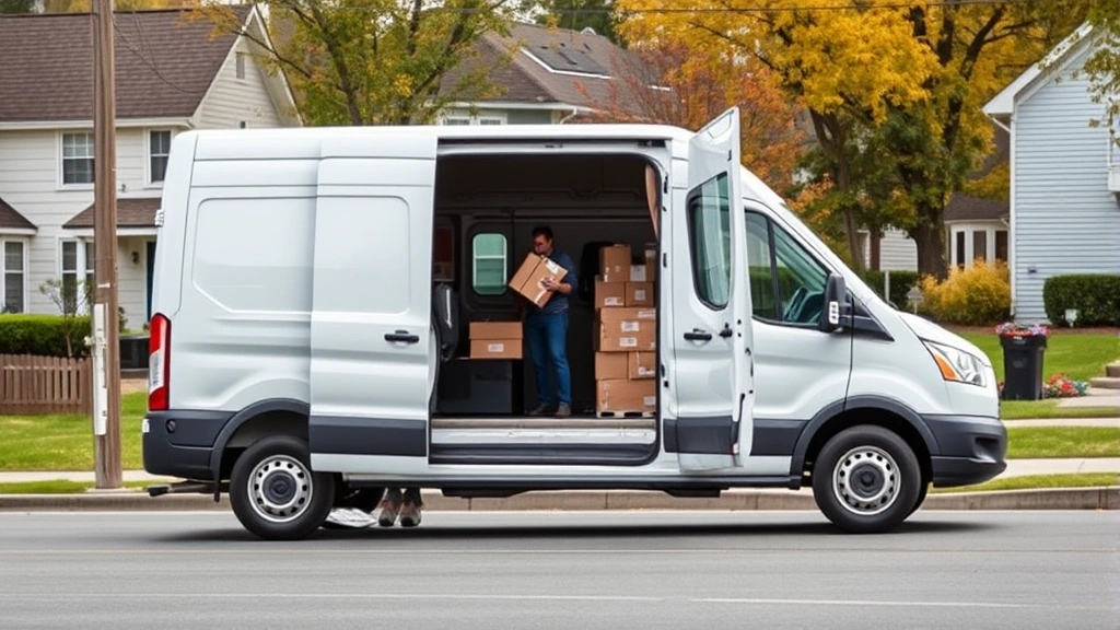 Cargo van in active delivery operation on suburban street, driver unloading packages, residential neighborhood setting, showing real-world commercial use case, professional appearance
