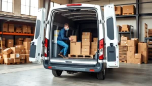 Professional delivery driver loading cargo into white Ford Transit van in urban warehouse setting with boxes and packages, natural daylight streaming through windows