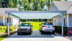 Modern aluminum carport installed over driveway with two vehicles parked underneath, clean residential property with manicured lawn in background, bright daylight showing structure and shadow patterns