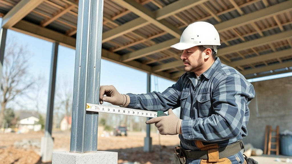 Professional installer measuring and checking metal carport frame during installation, showing construction tools and foundation work, focused workmanship and precision