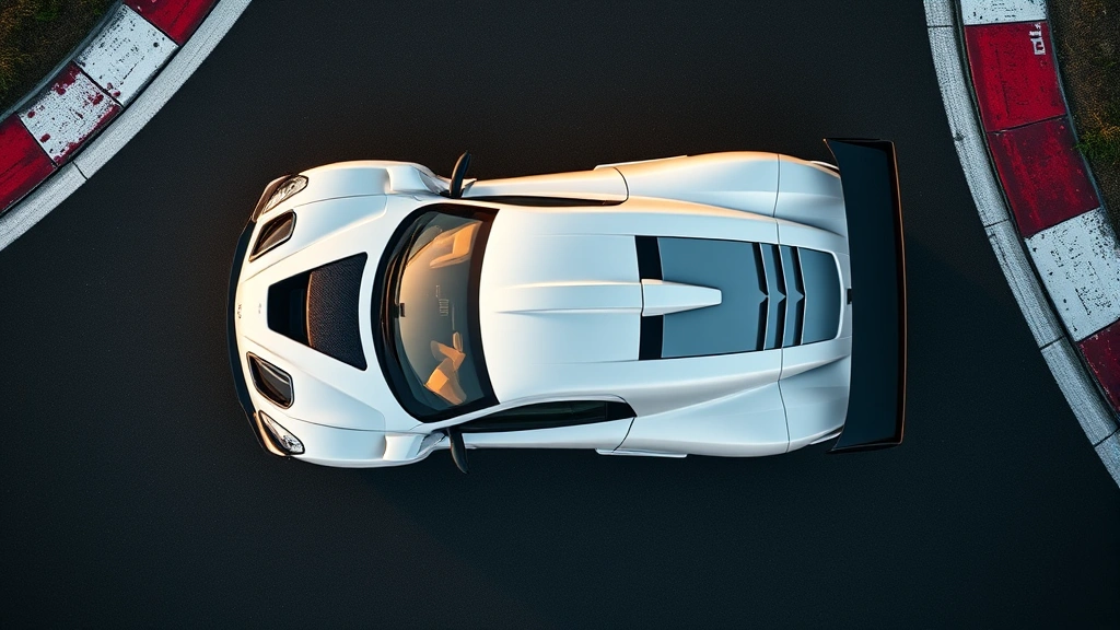 Overhead view of a pearl white Saleen S7 supercar on a private racetrack, showcasing aggressive aerodynamic bodywork, carbon fiber elements, and distinctive side scoops, professional automotive photography with dramatic lighting