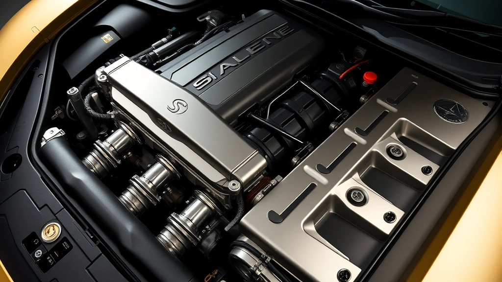 Close-up of a Saleen S7's high-performance engine bay featuring a massive 7.0-liter naturally aspirated V8 block with titanium components, viewed from above with studio lighting emphasizing mechanical complexity and engineering precision