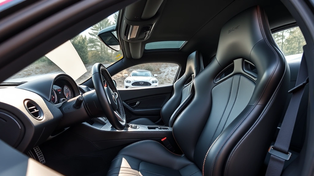 Interior cockpit view of a Saleen S7 showing hand-stitched leather bucket seats, three-spoke steering wheel, carbon fiber trim, and driver-focused minimalist dashboard design, professional automotive interior photography with natural light