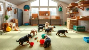 Professional breeder facility with clean indoor puppy play area, puppies interacting with toys and socialization materials, natural lighting, warm home environment
